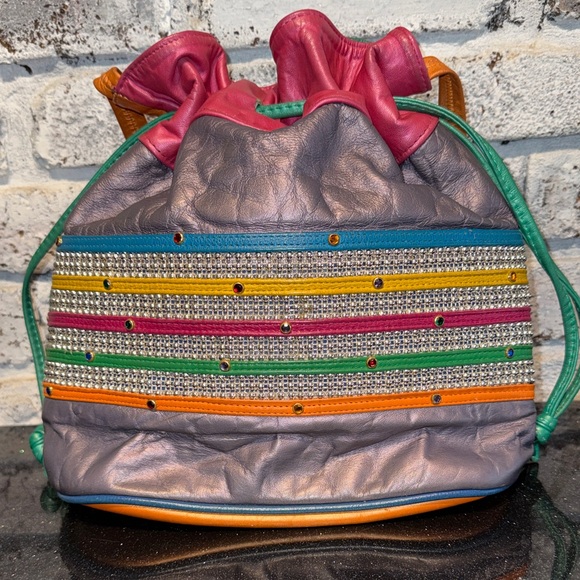 80s Colorblock Samir Genuine Leather Purse Bucket Handbag - Picture 2 of 9